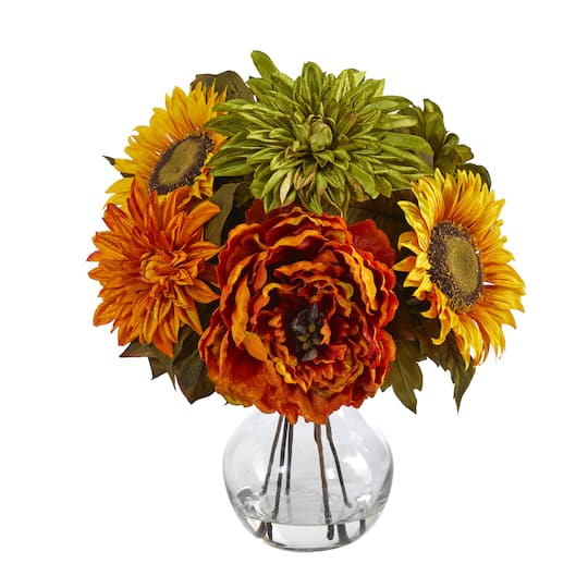 12&#x22; Peony, Dahlia &#x26; Sunflower Arrangement in Glass Vase